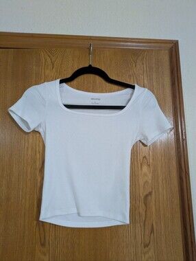 Hollister White Square Neck Ribbed Short Sleeve Tee